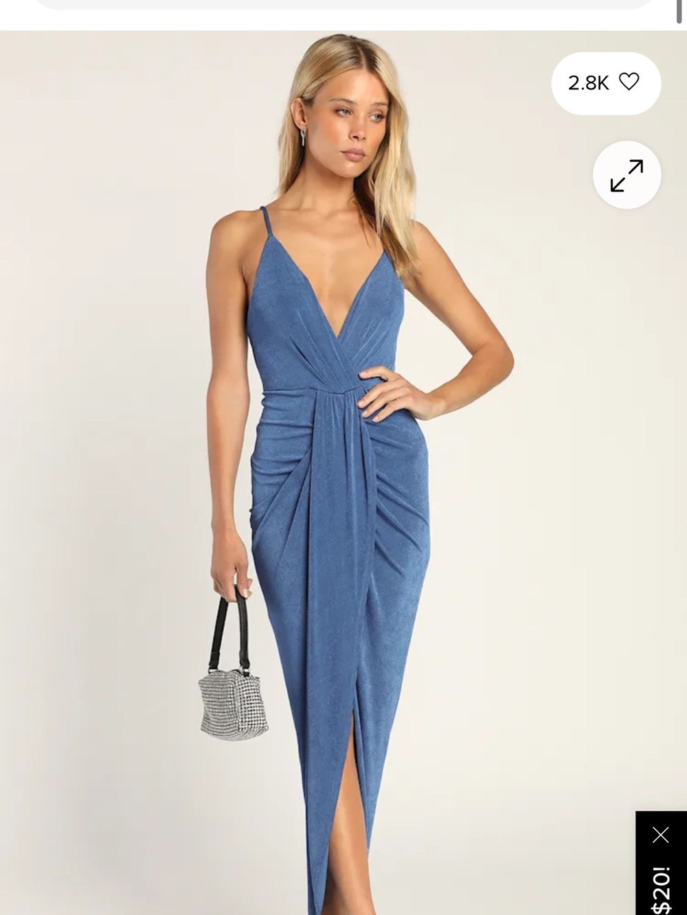 Lulu's Dusty Blue Spaghetti-Strap V-Neck Midi Dress